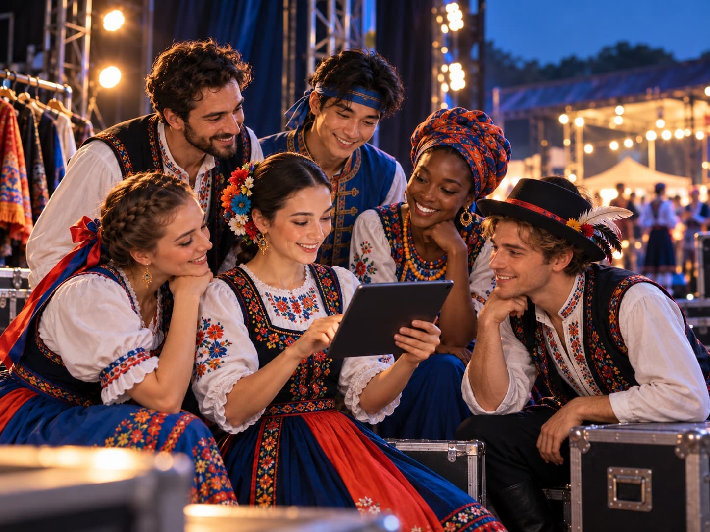 Folk ensemble members in embroidered costumes gathered backstage, smiling at a tablet together